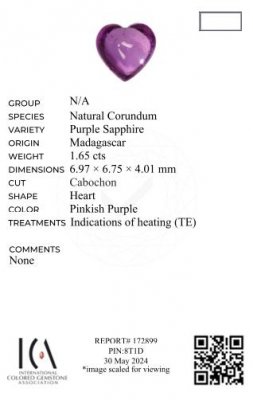 Certificate Purple sapphire in heart shape 1.65 carats, Madagascar