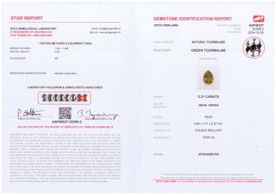 Certificate Yellow-green tourmaline in pear cut 2.31 carats, Afghanistan
