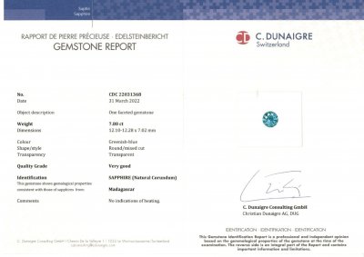 Certificate Unheated Teal sapphire in round cut 7.80 carats, Madagascar