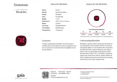 Certificate Garnet rhodolite cushion cut 7.33 carats, Tanzania