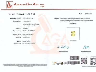 Certificate Unheated Pastel yellow sapphire in radiant cut 10.02 carats, Sri Lanka 