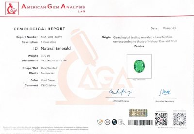 Certificate  Emerald Vivid Green oval cut 9.70 carats, Zambia