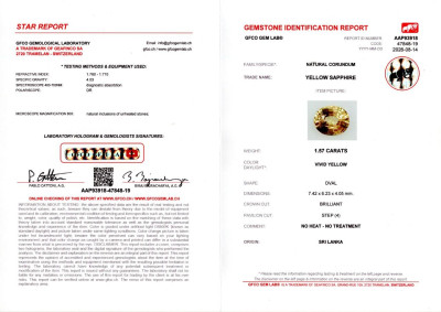 Certificate Unheated sapphire Vivid Yellow oval cut 1.57 carats, Sri Lanka