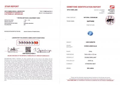Certificate Cornflower blue sapphire oval cut 2.00 ct, Sri Lanka