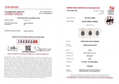 Certificate Set of cobalt blue spinels in pear cut 2.02 carats, Tanzania