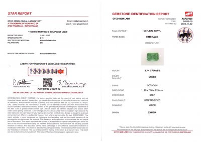 Certificate Radiant cut emerald 3.74 carats, Zambia