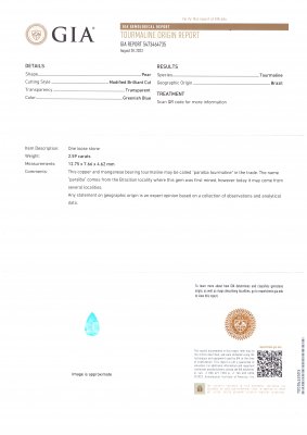 Certificate Rare neon blue Brazilian Paraiba tourmaline in pear cut 2.59 carats