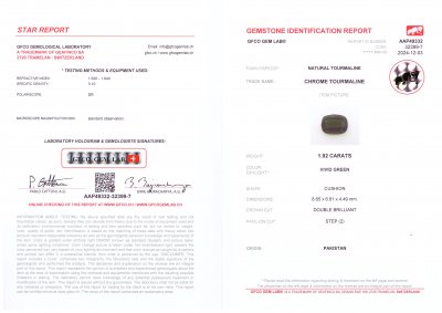 Certificate Deep green chrome tourmaline in cushion cut 1.92 carats, Pakistan 