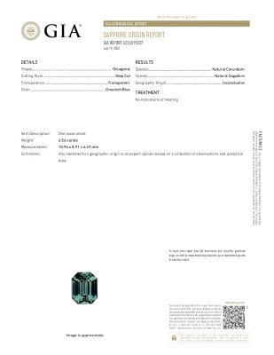 Certificate Unheated Teal sapphire in octagon 6.56 carats, Madagascar