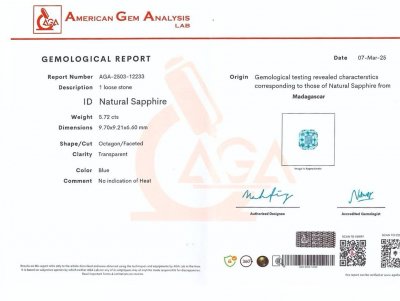 Certificate Unheated Teal sapphire in radiant cut 5.72 carats, Madagascar