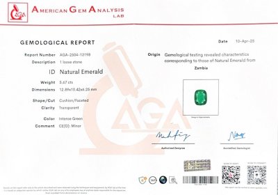 Certificate Emerald Intense Green cushion cut 5.67 carats, Zambia