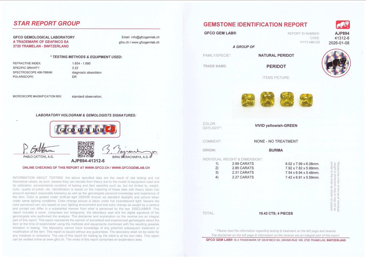 Set of Vivid yellow green  peridots cushion cut 10.42 carats, Burma Image №6