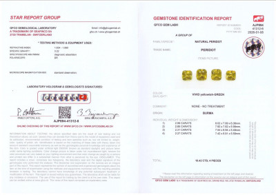 Certificate Set of Vivid yellow green  peridots cushion cut 10.42 carats, Burma