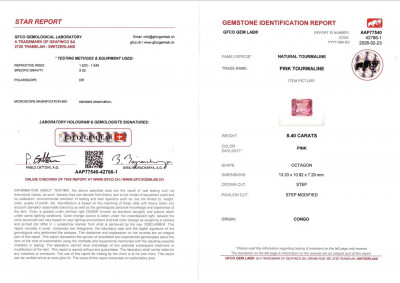 Certificate Pink tourmaline radiant cut 8.40 carats, Congo 