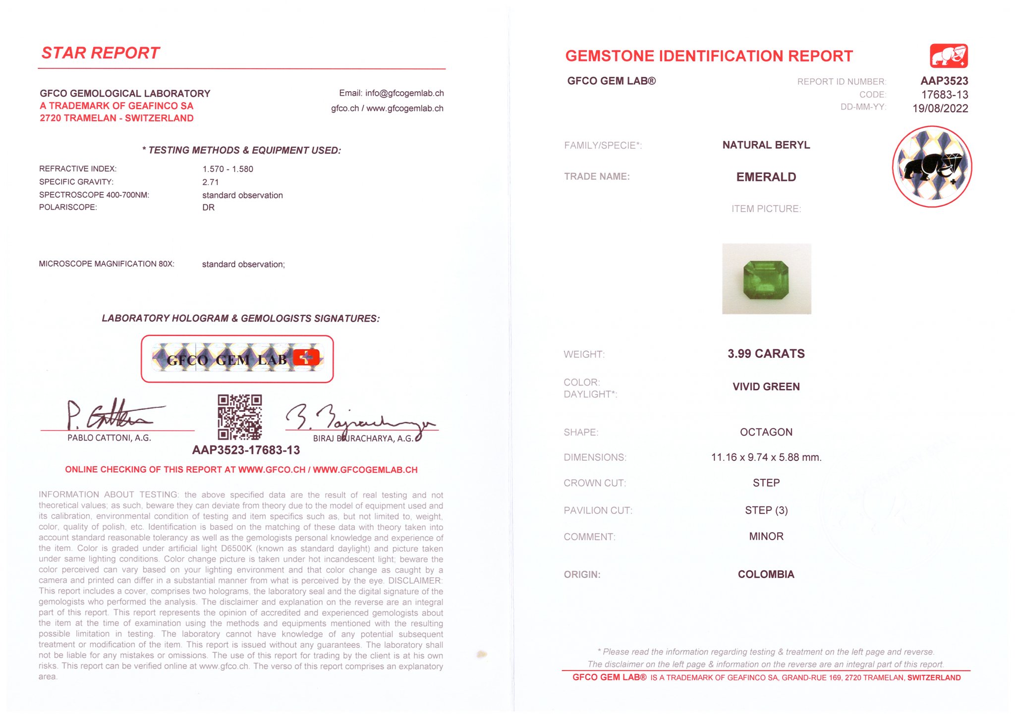 Colombian Vivid Green emerald in octagon shape 3.99 ct, GRS Image №7