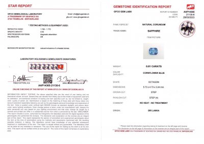 Certificate Cornflower blue unheated sapphire 0.81 ct, Sri Lanka
