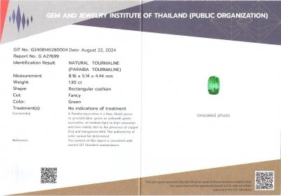 Certificate Neon-green tourmaline Paraiba 1.30 carats in cushion cut, Brazil 