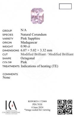 Certificate Pink sapphire (Baby Pink) radiant cut 0.90 carats, Madagascar