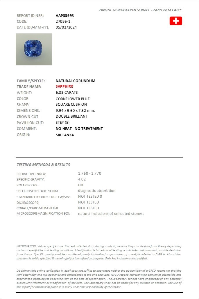 Unheated cushion cut Cornflower Blue sapphire 6.83 carats, Sri Lanka Image №6