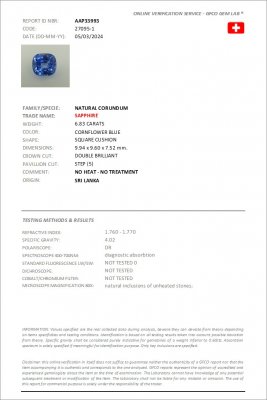 Certificate Unheated cushion cut Cornflower Blue sapphire 6.83 carats, Sri Lanka