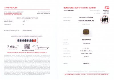 Certificate Deep green chrome tourmaline in cushion cut 4.08 carats, Pakistan 