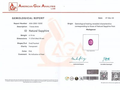 Certificate Pink sapphire in oval cut 6.10 carats, Sri Lanka
