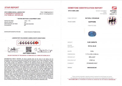Certificate Sapphire Royal Blue oval cut 5.05 carats, Madagascar