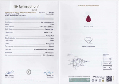 Certificate Unheated ruby pear cut 2.53 carats, Mozambique