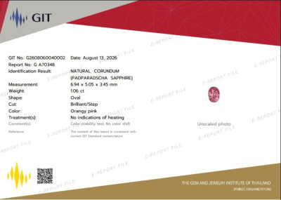 Certificate Unheated Padparadscha sapphire oval cut 1.06 carats, Sri Lanka