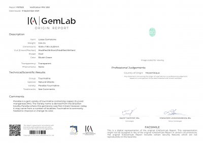 Certificate Bright Paraiba tourmaline from Mozambique, oval cut 3.54 ct