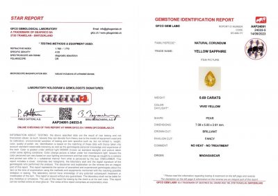 Certificate Yellow unheated pear-cut sapphire 0.69 carats, Madagascar