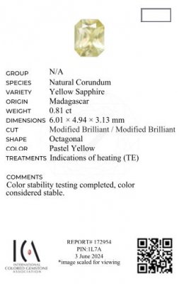 Certificate Yellow radiant cut sapphire 0.81 carats, Madagascar