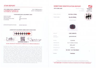 Certificate Cushion-cut deeep blue spinel 5.90 carats, Tanzania