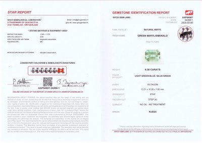 Certificate Rare green octagon cut beryl 6.38 carats, Russia 