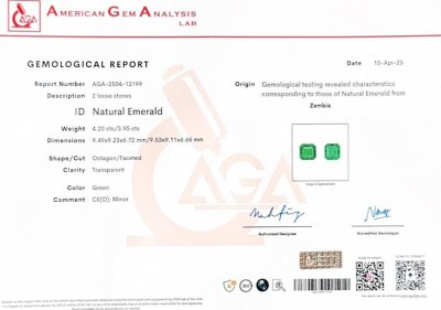 Certificate Pair of emeralds Vivid Green asscher cut 8.15 carats, Zambia