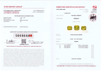 Certificate Set of Vivid yellow green peridots 23.82 carats cushion-cut, Burma