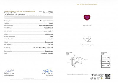 Certificate Unheated Intense Red ruby in heart shape 1.53 carats, Mozambique