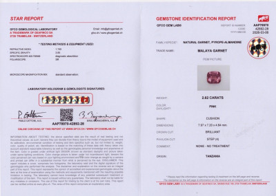 Certificate Garnet Malaya cushion cut 2.62 carats, Tanzania 