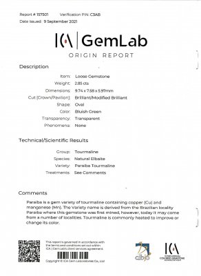 Certificate Bright Paraiba tourmaline from Mozambique 2.85 ct