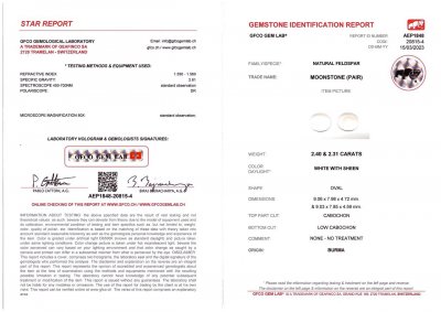 Certificate Pair of moonstones from Burma in cabochon cut 4.71 carats
