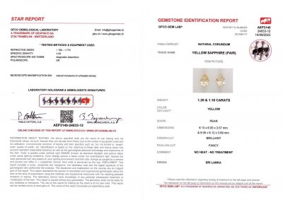 Certificate Pair of pastel yellow pear cut sapphires 2.36 carats, Sri Lanka