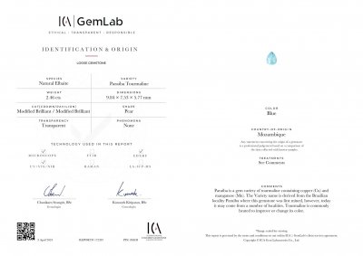 Certificate Paraiba tourmaline in pear cut 2.46 carats, Mozambique