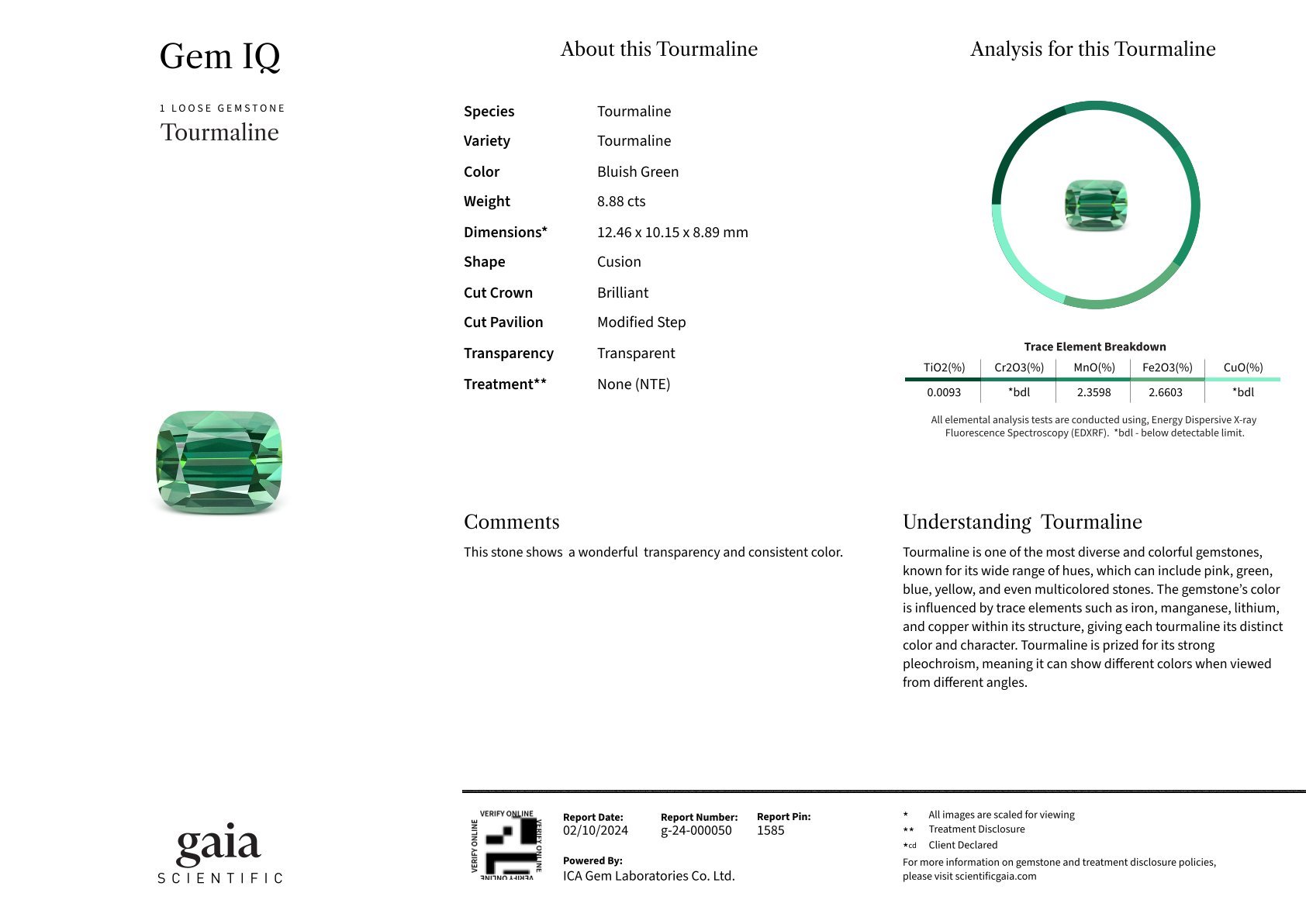 Lagoon blue-green tourmaline in cushion cut 8.88 carats  Image №6