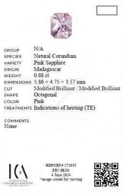 Certificate Radiant-cut pink sapphire 0.88 carats, Madagascar