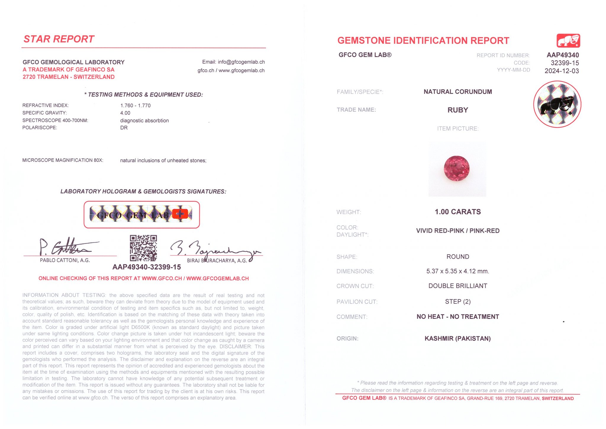 Unheated vivid red-pink ruby in round cut 1.00 carat, Kashmir  Image №6