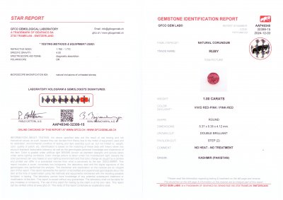 Certificate Unheated vivid red-pink ruby in round cut 1.00 carat, Kashmir 