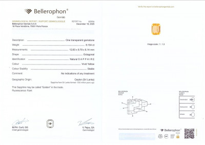 Certificate Unheated Golden Vivid Yellow sapphire in octagon cut  8.10 carats, Sri Lanka