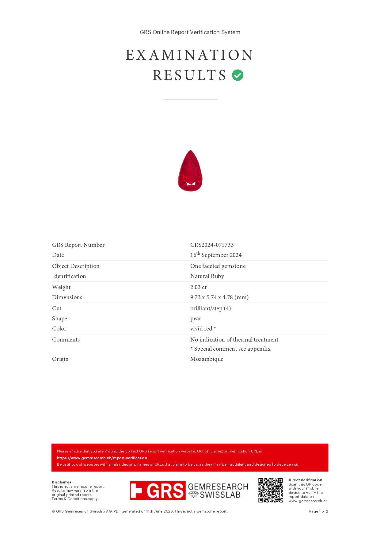 Unheated ruby Pigeon’s blood  pear cut 2.03 carats, Mozambique  Image №6