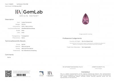 Certificate Burmese pink spinel 3.52 ct