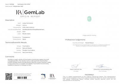 Certificate Blue-green Paraiba tourmaline, 4.52 ct oval cut, Mozambique